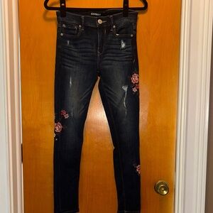 Express Women's Dark Blue Jeans with Floral Embroidery